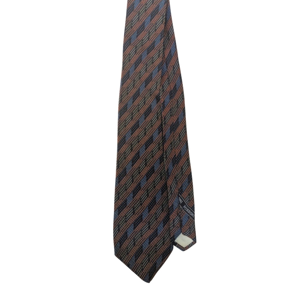Vintage Missoni Cravatte Silk Necktie 70s Geometric Brown Blue Mens Tie
